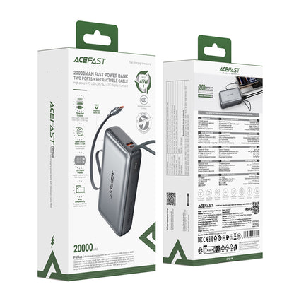 Externer Akku Acefast M34, 20000mAh, 45W, QC + PD, 1 x USB-A - 2 x USB-C, Grau
