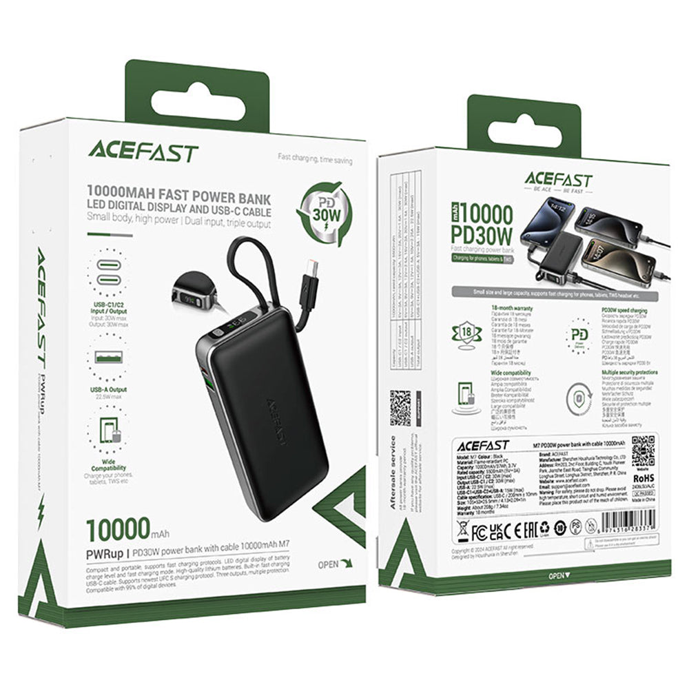 Batterie Externe Acefast M7, 10000mAh, 30W, QC + PD, 1 x USB-A - 2 x USB-C, Noire.