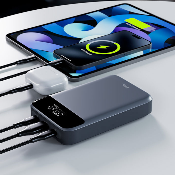 Batterie Externe Allity. APB-200 PocketPower, 19200mAh, 130W, QC + PD, 1 x USB-A - 2 x USB-C, Gris