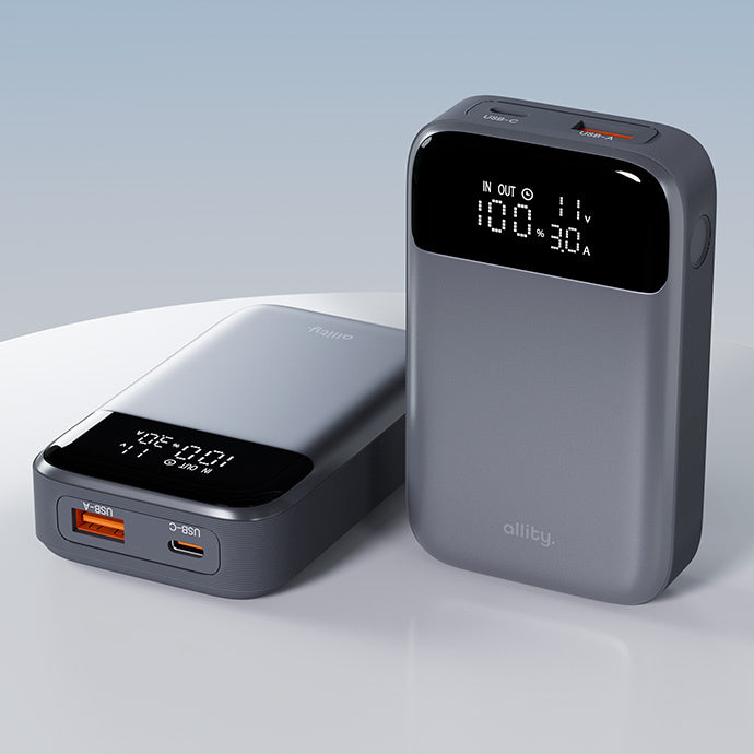 Batteria Esterna Allity. APB-200 PocketPower, 10000mAh, 33W, QC + PD, 1 x USB-A - 1 x USB-C, Grigio