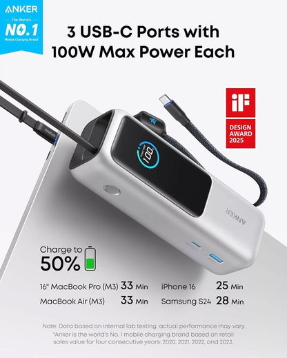 Batterie Externe Anker, 25000mAh, 165W, QC + PD, 1 x USB-A - 3 x USB-C, Argentée, Reconditionnée A1695H41