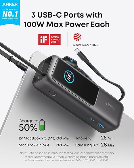Externer Akku Anker, 25000mAh, 165W, QC + PD, 1 x USB-A - 3 x USB-C, Grau A1695H11