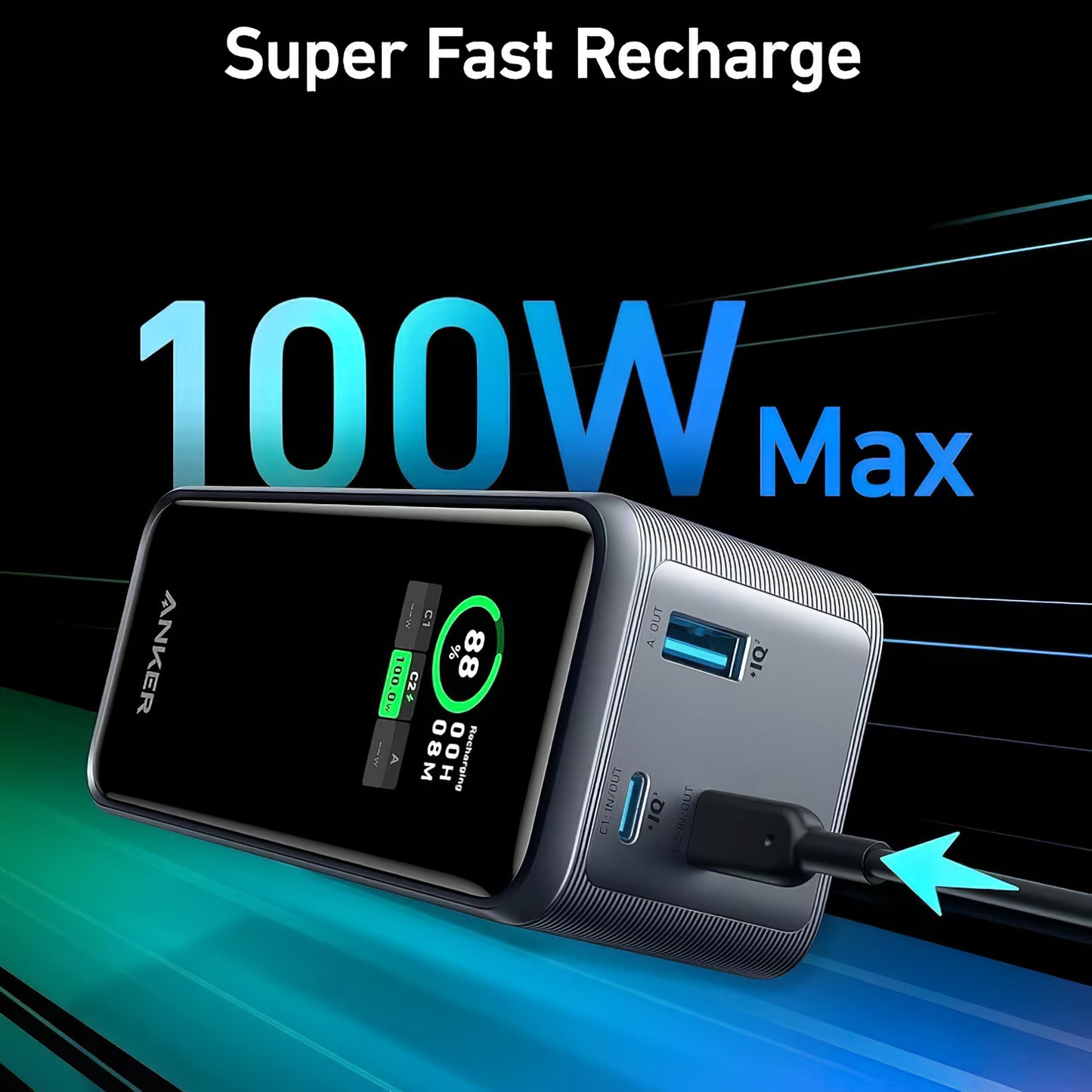 Externer Akku Anker Prime, 20000mAh, 200W, QC + PD, 1 x USB-A - 2 x USB-C, Schwarz, Wiederverpackt A1336011