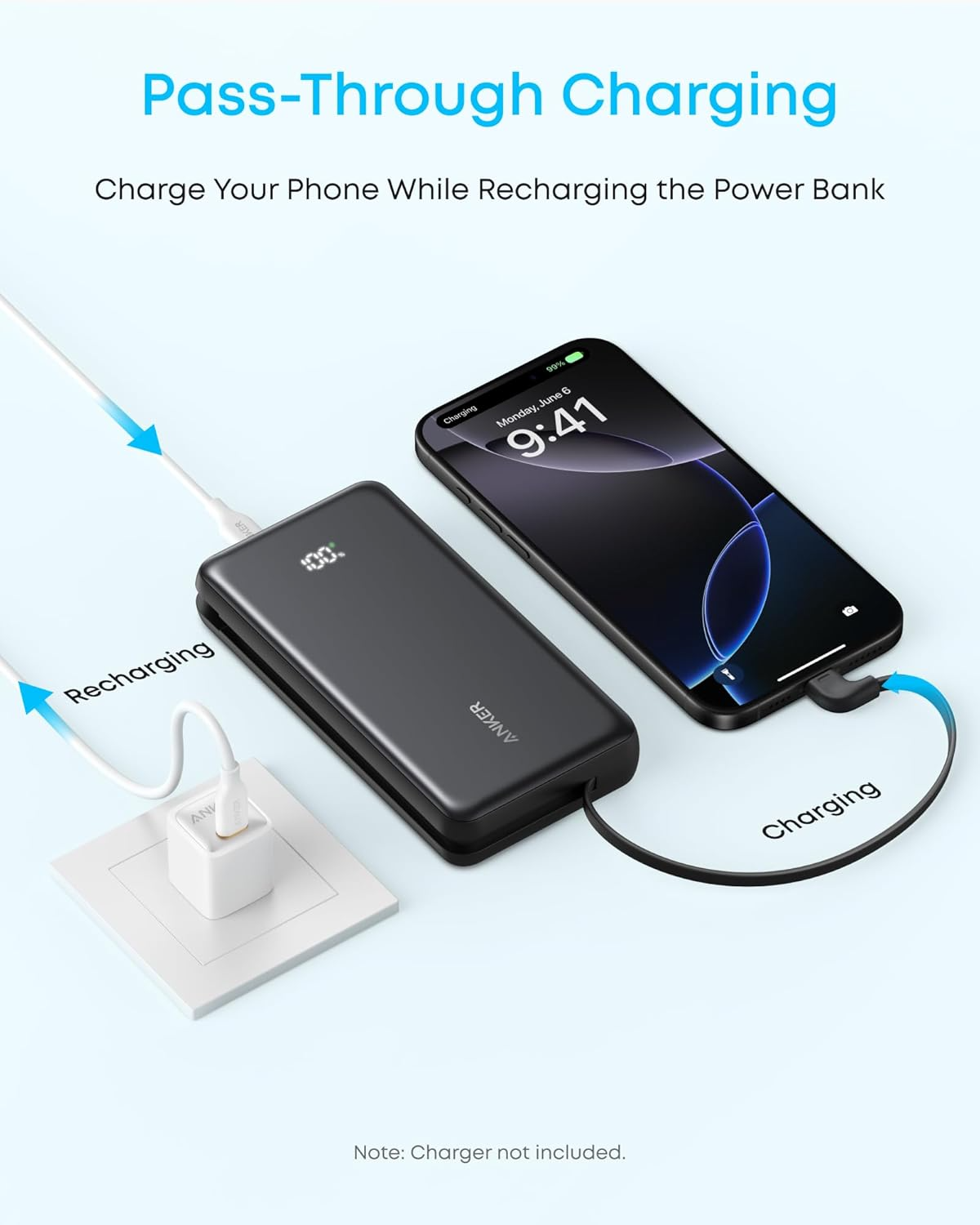 Externer Akku Anker Zolo, 10000mAh, 22.5W, QC + PD, 1 x USB-A - 2 x USB-C, Schwarz A110DH11