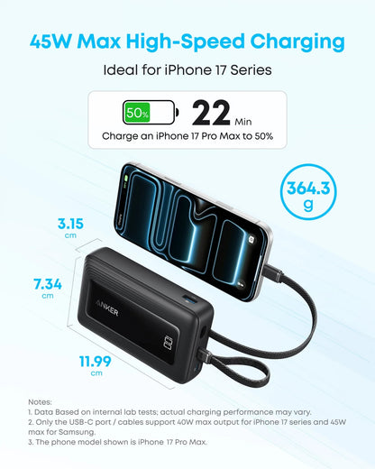 Power bank Anker Zolo, 20000 mAh, 45 W, QC + PD, 1 x USB-A - 3 x USB-C, Nero A110MH12