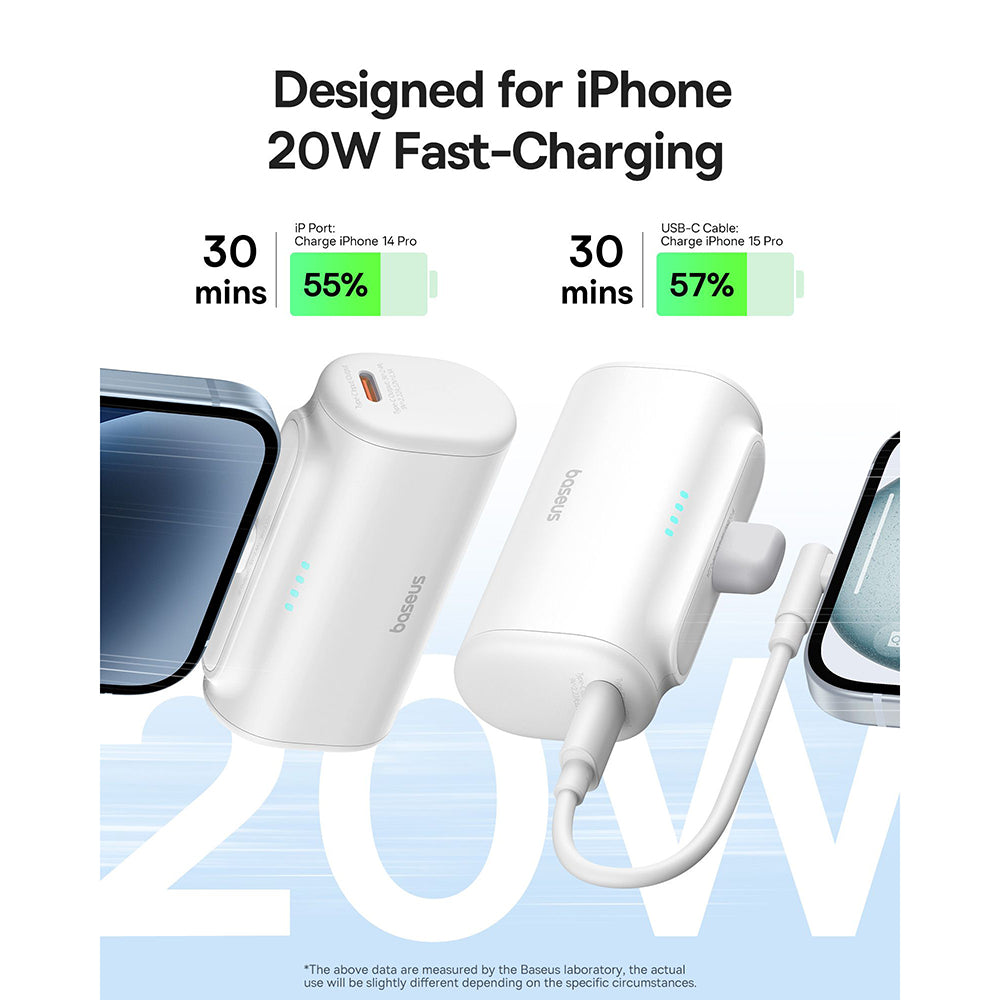 Batteria Esterna Baseus Compact, 5000mAh, 20W, PD, 1 x Lightning - 1 x USB-C, Bianca P10068307213-00