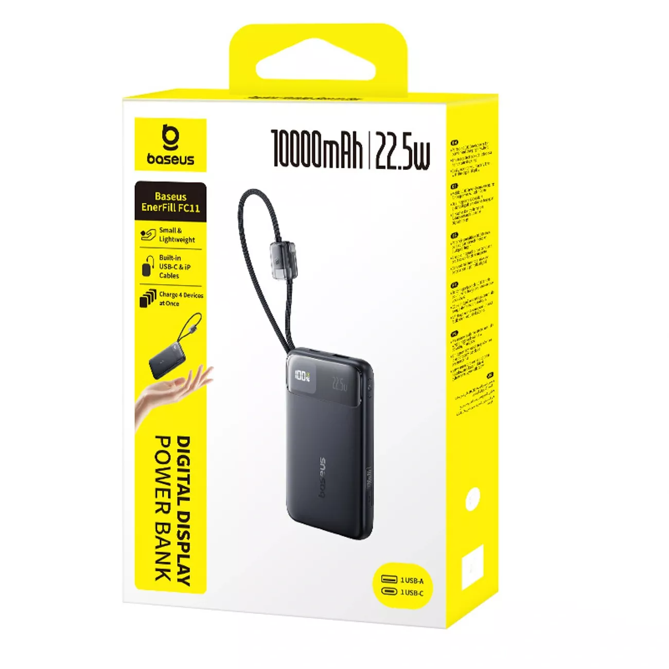 Batterie Externe Baseus EnerFill FC11, 10000mAh, 22,5W, QC + PD, 1 x Lightning - 1 x USB-A - 2 x USB-C, Noire E0027R04