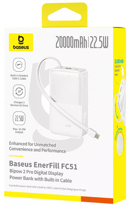 Externer Akku Baseus EnerFill Bipow2 Pro, 20000mAh, 22.5W, QC + PD, 1 x USB-A - 2 x USB-C, Weiß E0027700