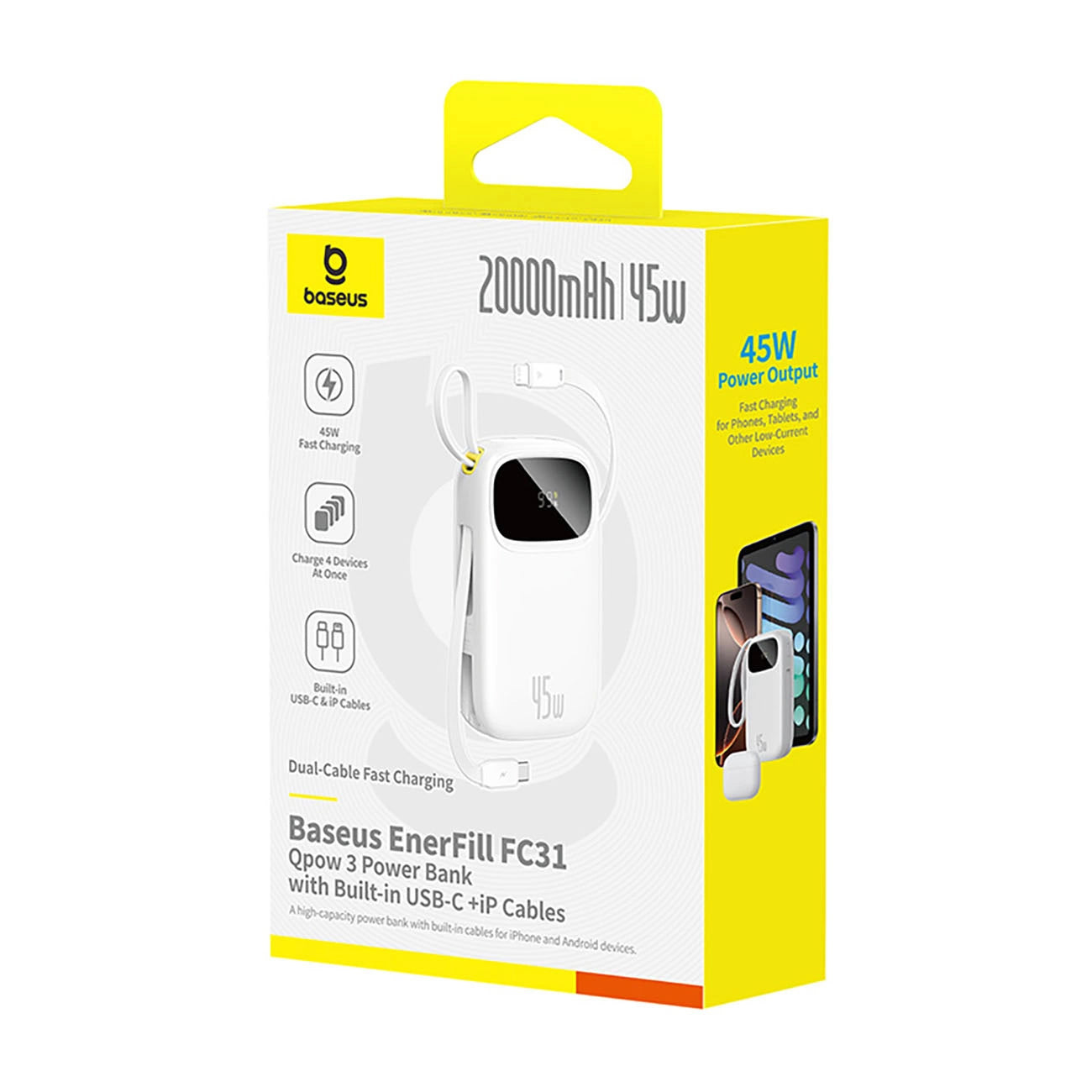 Batterie Externe Baseus EnerFill FC31, 20000mAh, 45W, QC + PD, 1 x Lightning - 1 x USB-A - 2 x USB-C, Blanche E0028D01