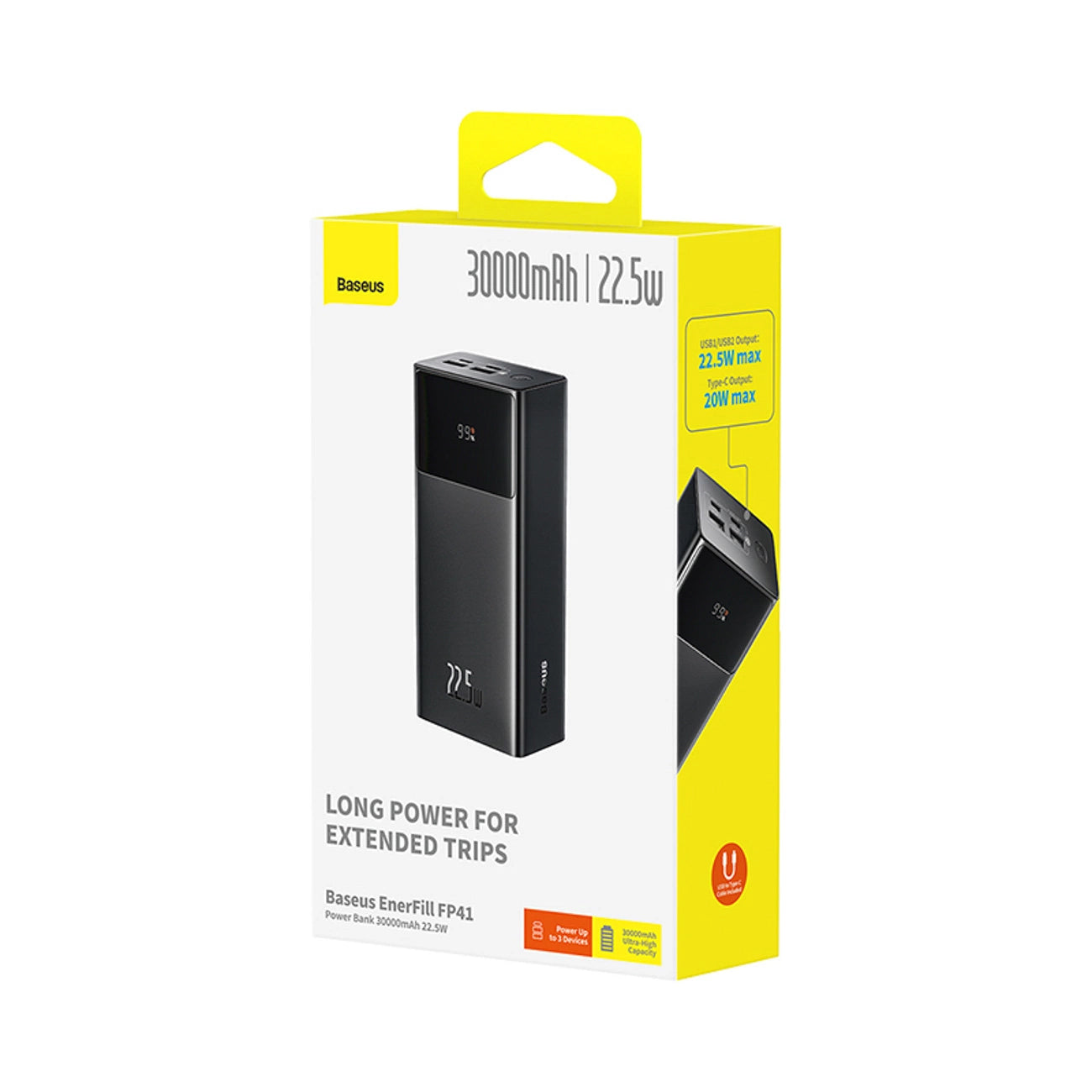 Batterie Externe Baseus EnerFill FP41, 30000mAh, 22.5W, QC + PD, 1 x USB-C - 2 x USB-A, Noire