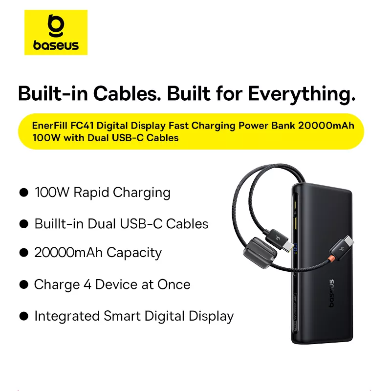 Externer Akku Baseus EnerFill FC41, 20000mAh, 100W, QC + PD, 1 x USB-A - 3 x USB-C, Schwarz E0028N03