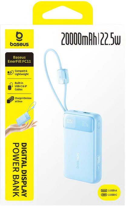 Batterie Externe Baseus EnerFill FC11, 20000mAh, 22,5W, QC + PD, 1 x Lightning - 1 x USB-A - 2 x USB-C, Bleue E0027S06