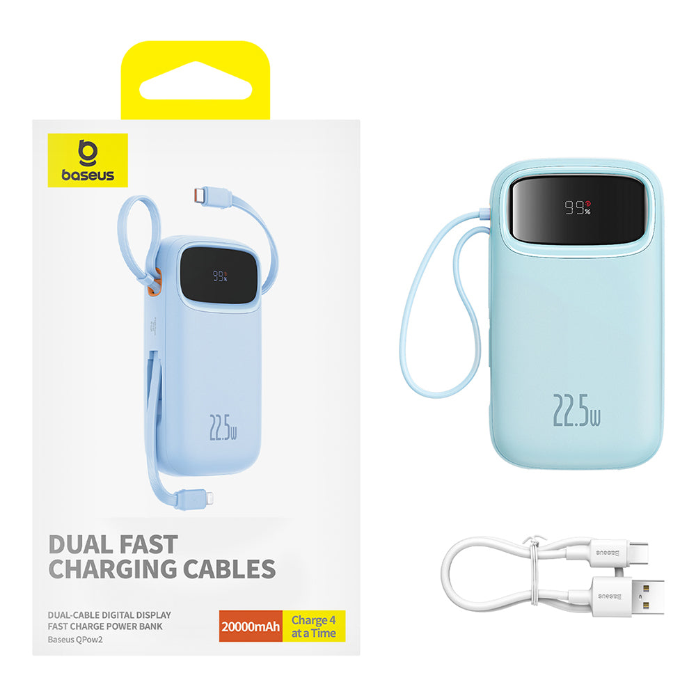 Batterie Externe Baseus Qpow Pro+, 20000mAh, 22.5W, QC + PD, 1 x Lightning - 1 x USB-A - 2 x USB-C, Bleue P10055002313-00