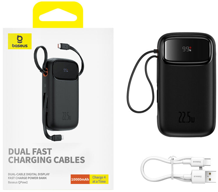 Externer Akku Baseus Qpow2, 10000mAh, 22.5W, QC + PD, 1 x Lightning - 1 x USB-A - 2 x USB-C, Schwarz P10055003113-00