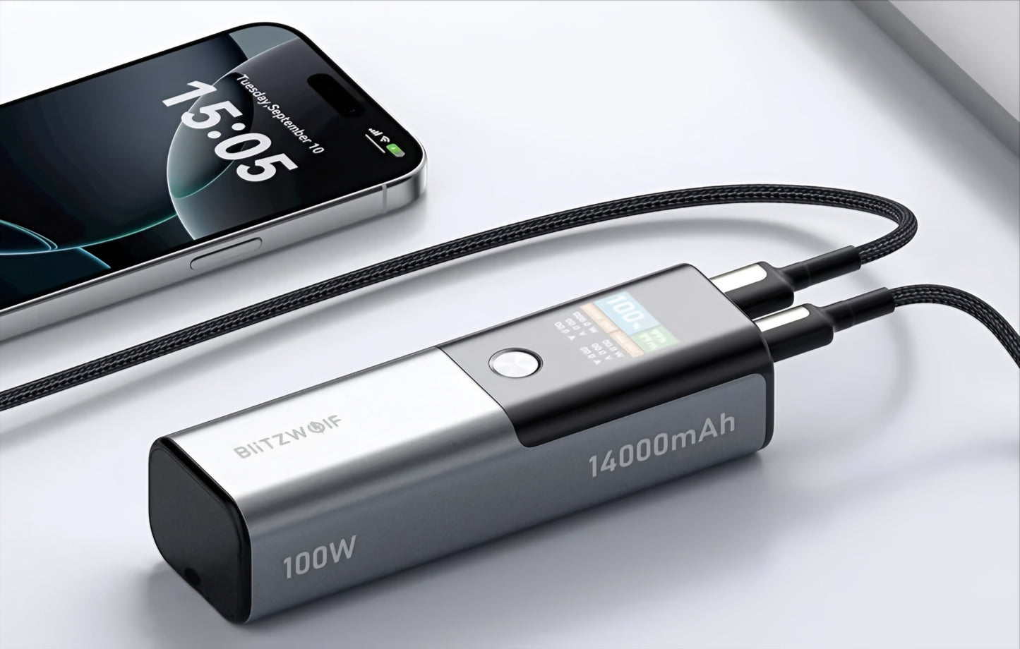 Externe Batterie BlitzWolf BW-P23, 14000mAh, 100W, QC + PD, 1 x USB-A - 1 x USB-C, Grau