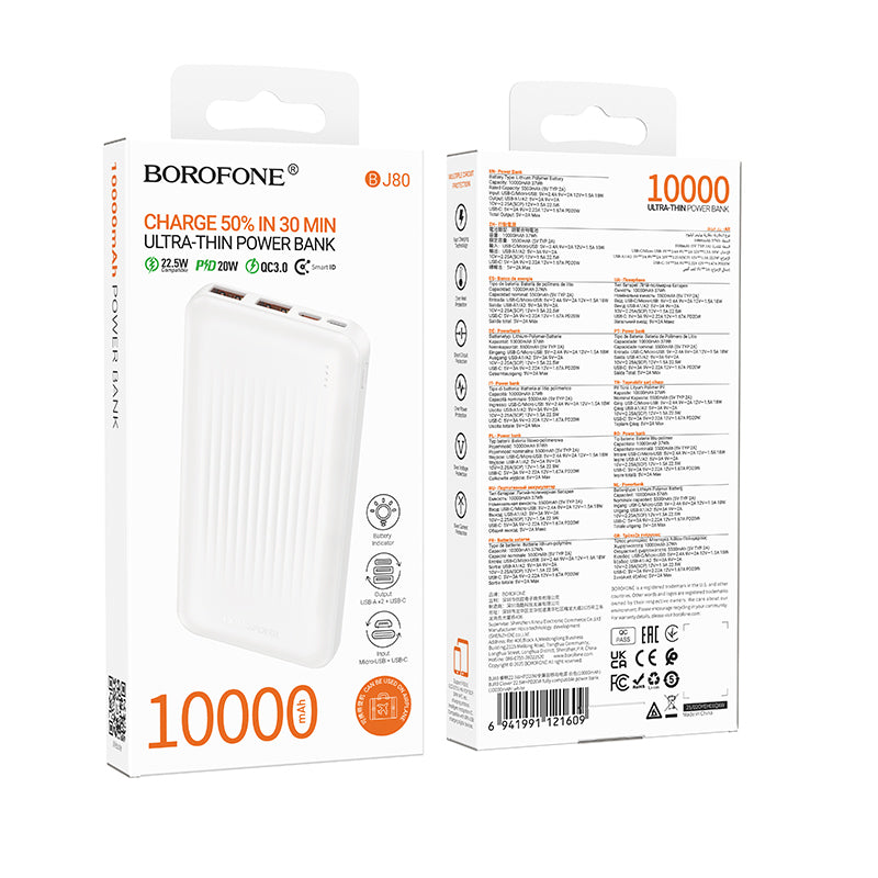 Batterie Externe Borofone BJ80A Clever, 10000mAh, 22.5W, QC + PD, 1 x USB-C - 2 x USB-A, Blanche