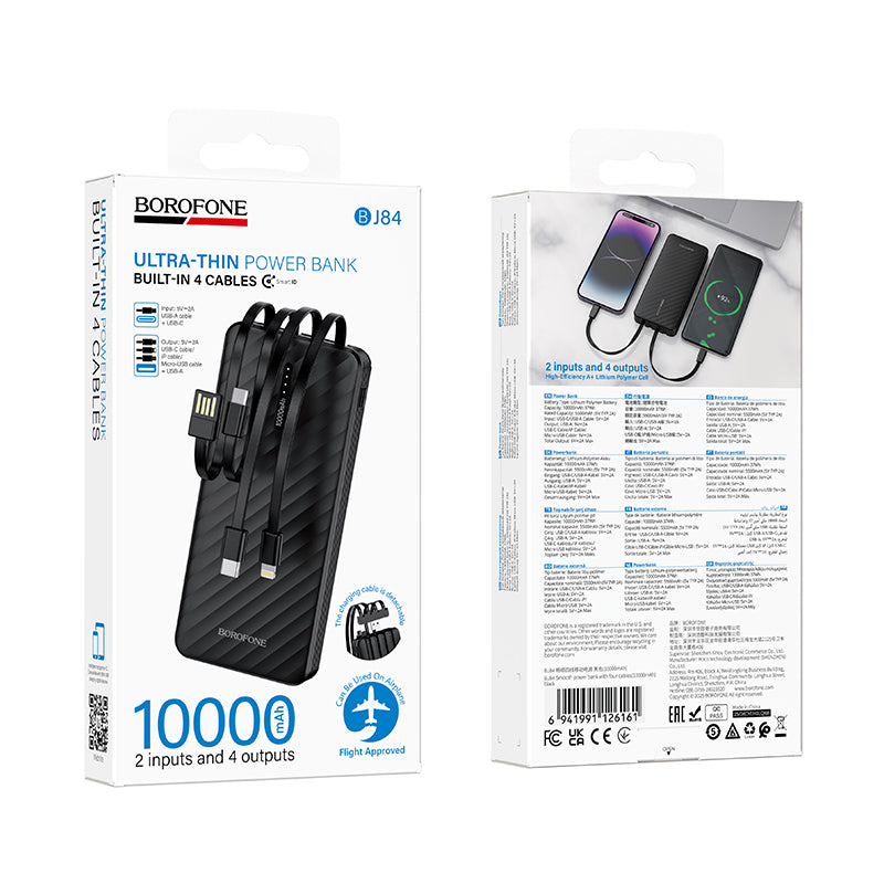 Externe Batterie Borofone BJ84 Smooth, 10000mAh, 10W, 1 x Lightning - 1 x microUSB - 1 x USB-A - 1 x USB-C, Schwarz