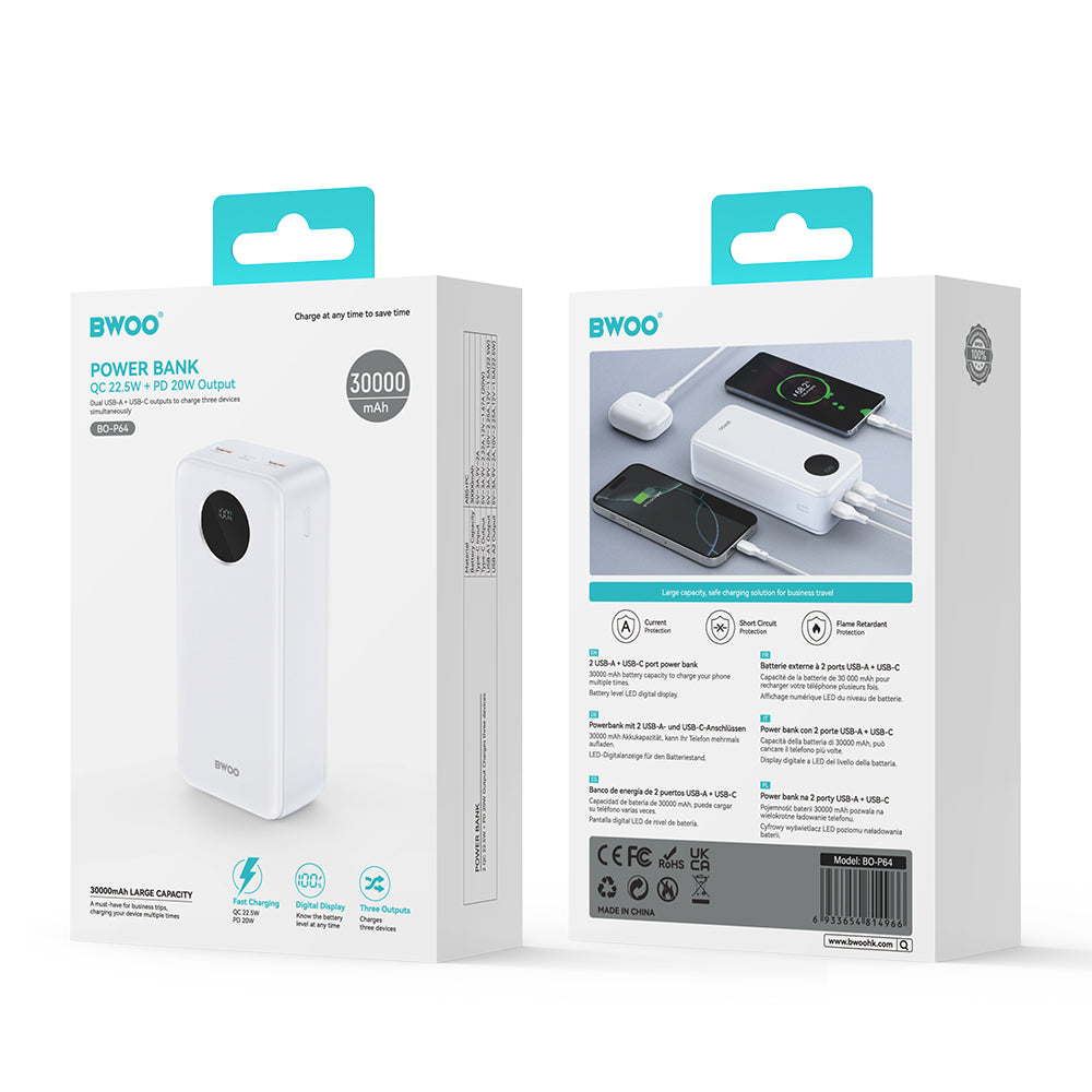 Batteria Esterna BWOO BO-P64, 30000mAh, 22.5W, QC + PD, 1 x USB-C - 2 x USB-A, Bianca