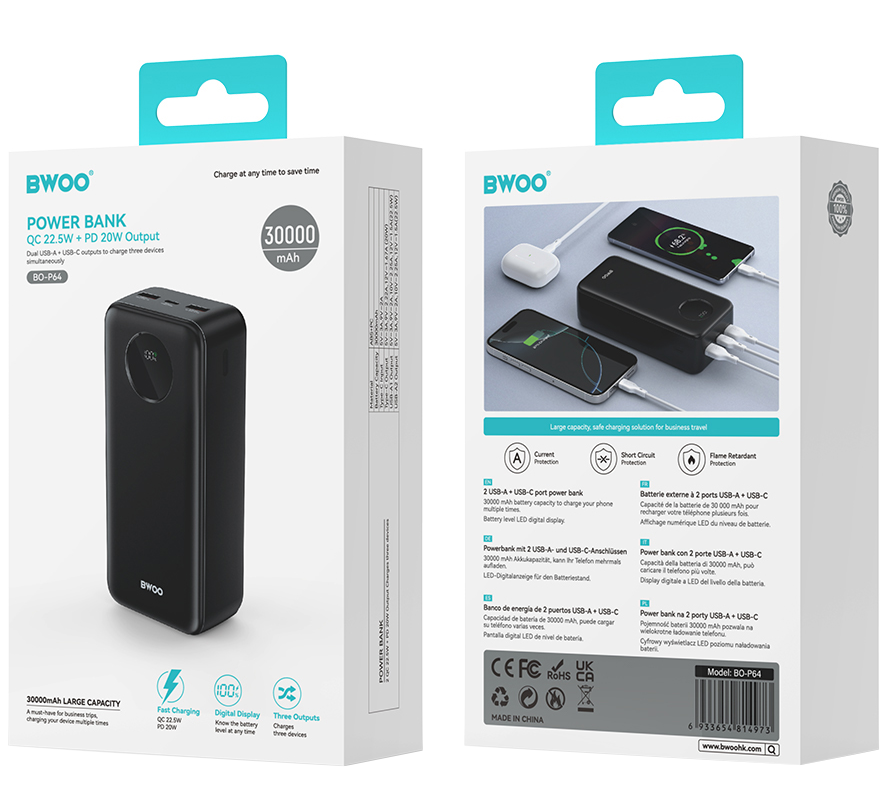 Batterie Externe BWOO BO-P64, 30000mAh, 22.5W, QC + PD, 1 x USB-C - 2 x USB-A, Noire