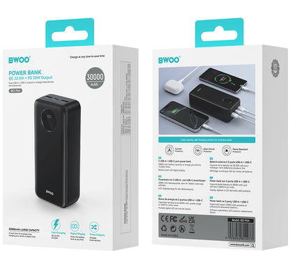 Batterie Externe BWOO BO-P64, 30000mAh, 22.5W, QC + PD, 1 x USB-C - 2 x USB-A, Noire