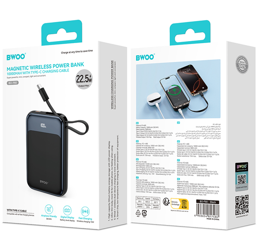 Batterie Externe Sans Fil BWOO BO-P80, 10000mAh, 22,5W, PD + FQI, 1 x QI - 2 x USB-C, Noire