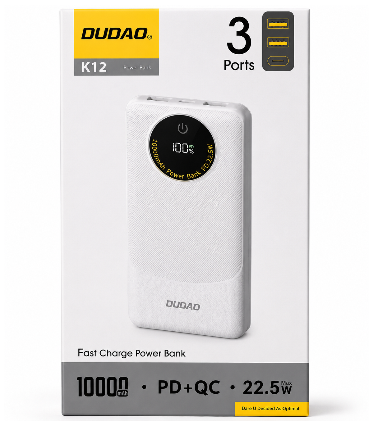 Batteria Esterna Dudao K12, 10000mAh, 22.5W, QC + PD, 1 x USB-C - 2 x USB-A, Bianca