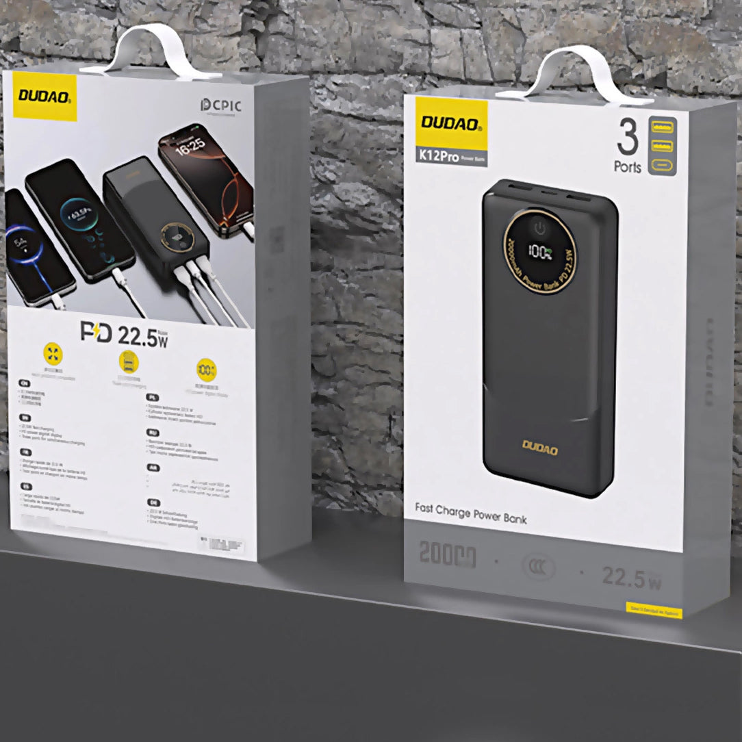 Externer Akku Dudao K12Pro, 20000mAh, 22.5W, QC + PD, 1 x USB-C - 2 x USB-A, Schwarz