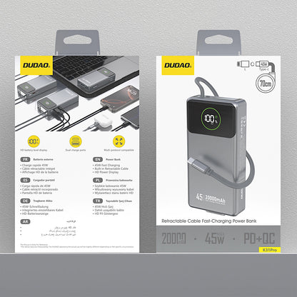 Batterie Externe Dudao K31 Pro, 20000mAh, 45W, QC + PD, 1 x USB-A - 2 x USB-C, Gris