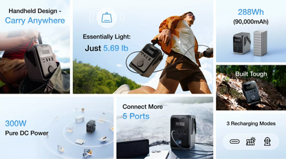 EcoFlow Trail 300 External Battery, 90000mAh, 300W, PD, 1 x Cigarette Lighter Extension - 2 x USB-A - 2 x USB-C, Black EF-TRAIL300-N