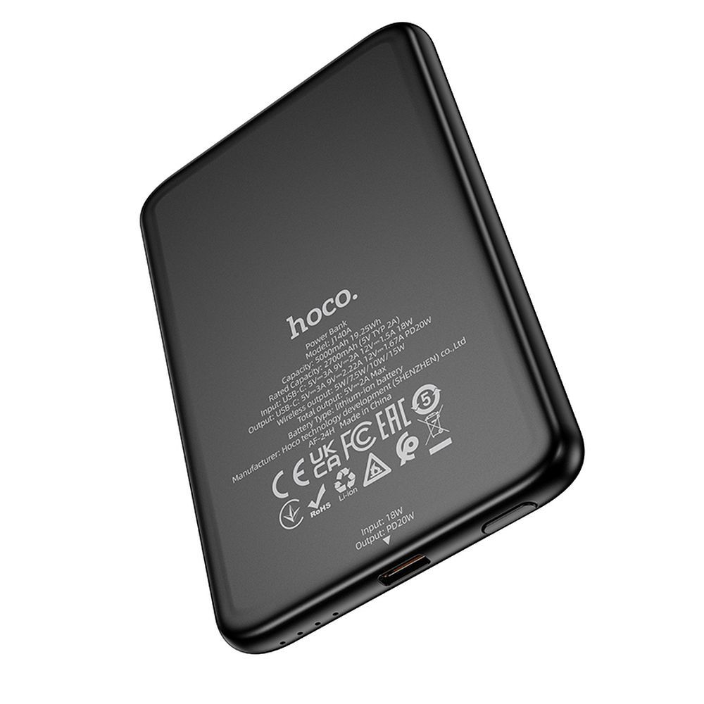 Batterie Externe HOCO Wireless J140A, 5000mAh, 20W, PD + QI, 1 x USB-C, Noire