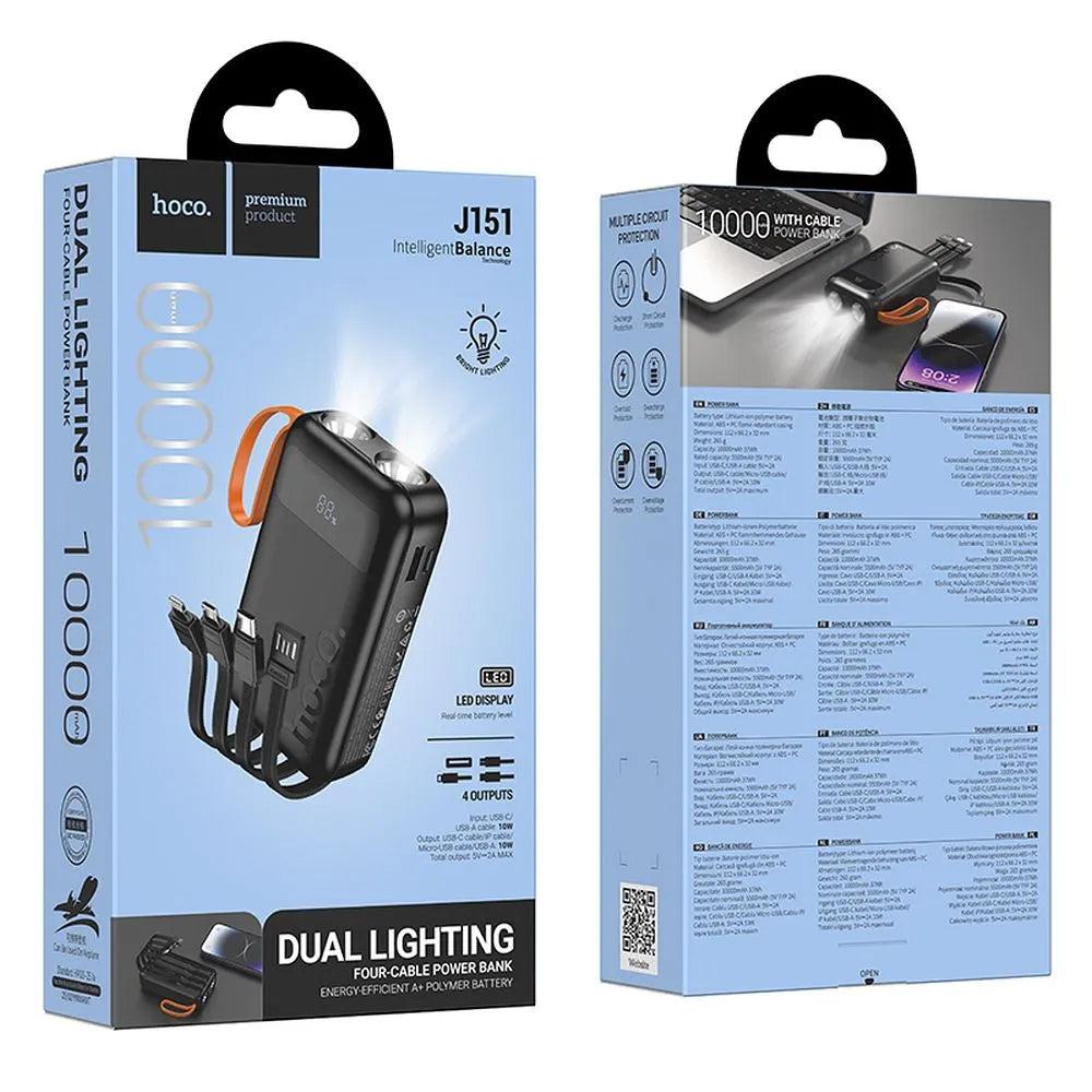 Batterie Externe HOCO J151, 10000mAh, 10W, 1 x Lightning - 1 x microUSB - 1 x USB-A - 1 x USB-C, Noire