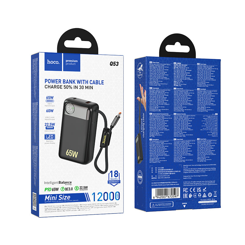 Batterie Externe HOCO Q53, 12000mAh, 65W, QC + PD, 1 x USB-A - 2 x USB-C, Noire