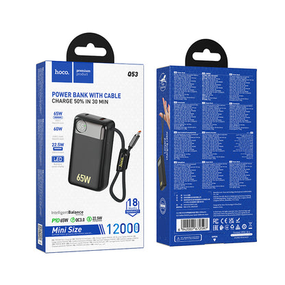 Batterie Externe HOCO Q53, 12000mAh, 65W, QC + PD, 1 x USB-A - 2 x USB-C, Noire