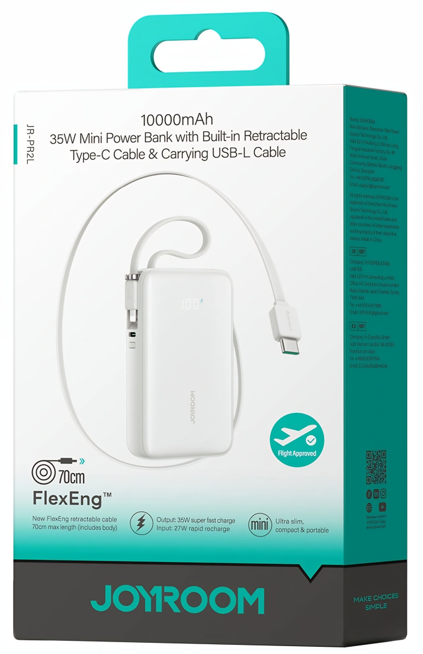 Batterie Externe Joyroom JR-PR2L, 10000mAh, 35W, QC + PD, 1 x Lightning - 1 x USB-C, Blanche