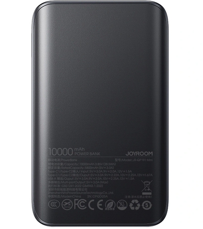 Batterie Externe Joyroom JR-QP191, 10000mAh, 22.5W, QC + PD, 1 x USB-A - 2 x USB-C, Noire