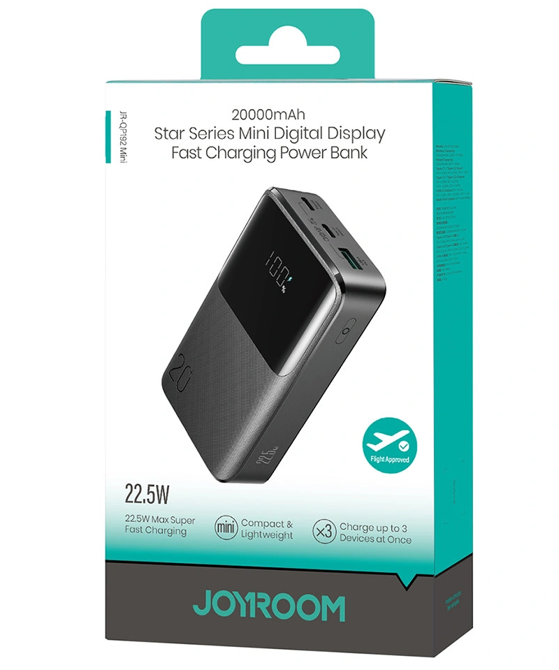 Batterie Externe Joyroom JR-QP192, 20000mAh, 22.5W, QC + PD, 1 x USB-A - 2 x USB-C, Noire