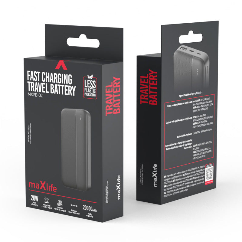 Batteria Esterna MaXlife MXPB-02, 20000mAh, 20W, QC + PD, 1 x USB-A - 1 x USB-C, Nera