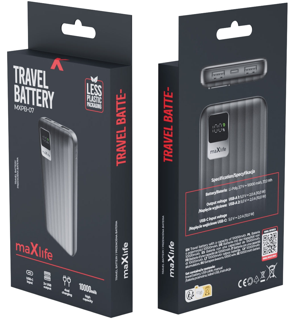 MaXlife MXPB-07 External Battery, 10000mAh, 10W, 2 x USB-A, Black