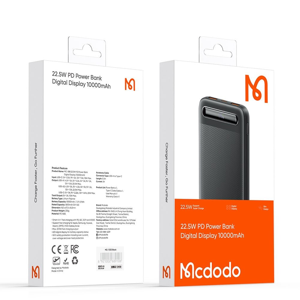 Externer Akku McDodo MC-3881 Star, 10000mAh, 22.5W, QC + PD, 2 x USB-A - 1 x USB-C, Schwarz