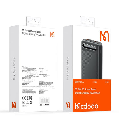 Externer Akku McDodo MC-3891 Star, 20000mAh, 22.5W, QC + PD, 2 x USB-A - 1 x USB-C, Schwarz