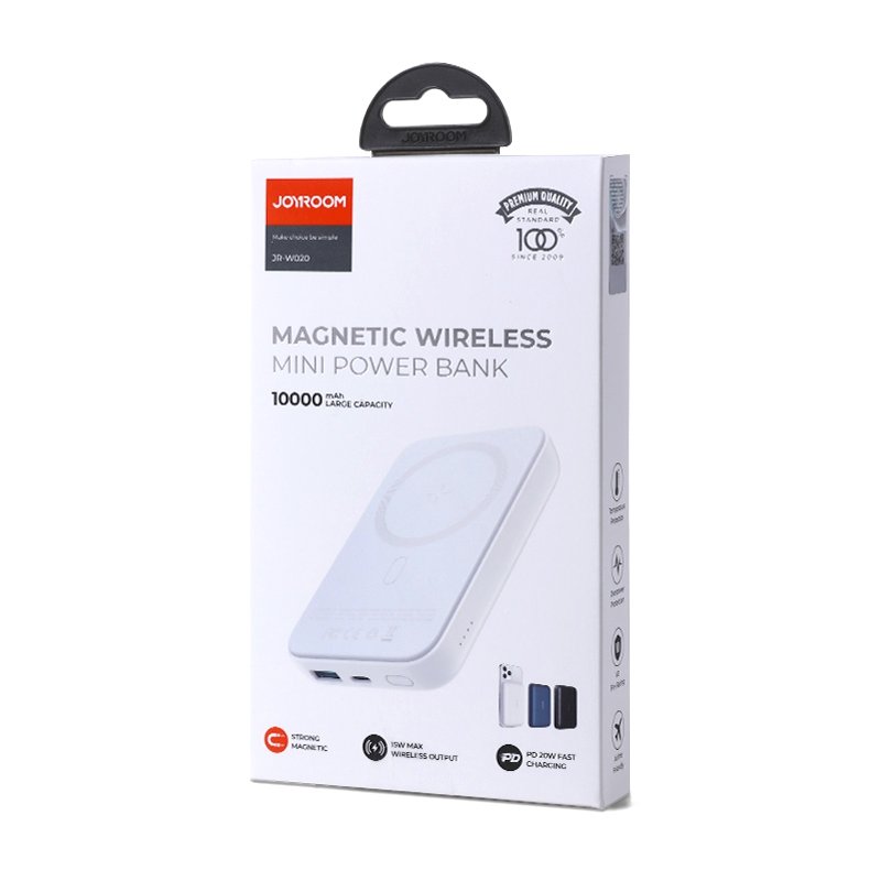 Batterie Externe Sans Fil Joyroom JR-W020, 10000mAh, 20W, QC + PD + FQI, 1 x QI - 1 x USB-A - 1 x USB-C, Blanche