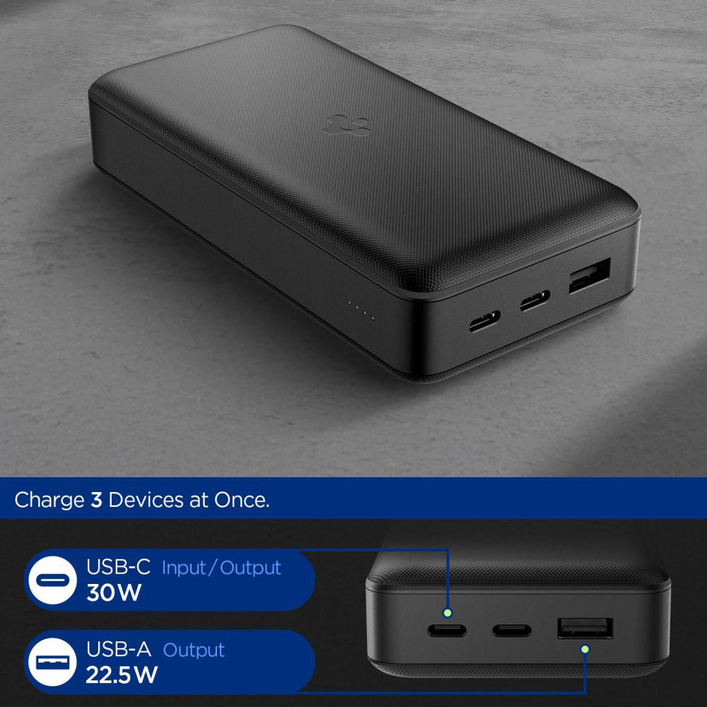 Batterie Externe Spigen, 30000mAh, 30W, QC + PD, 1 x USB-A - 2 x USB-C, Noire