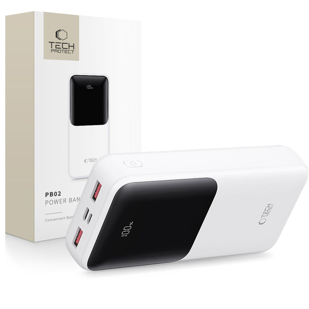 Batterie Externe Tech-Protect PB02, 20000mAh, 22.5W, QC + PD, 1 x USB-C - 2 x USB-A, Blanche