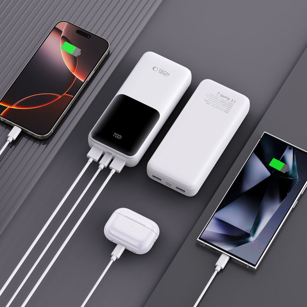 Batterie Externe Tech-Protect PB02, 20000mAh, 22.5W, QC + PD, 1 x USB-C - 2 x USB-A, Blanche