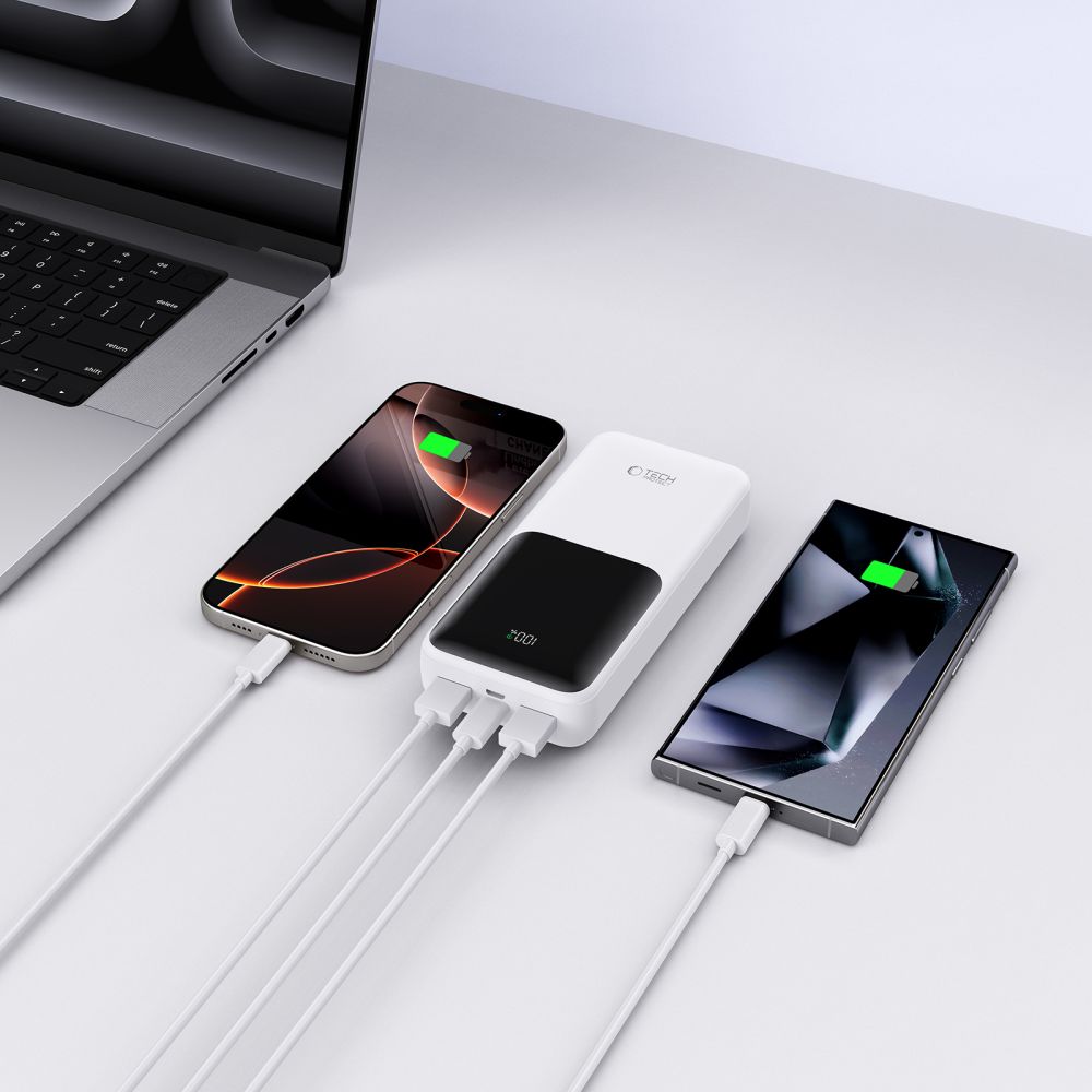 Batterie Externe Tech-Protect PB02, 20000mAh, 22.5W, QC + PD, 1 x USB-C - 2 x USB-A, Blanche