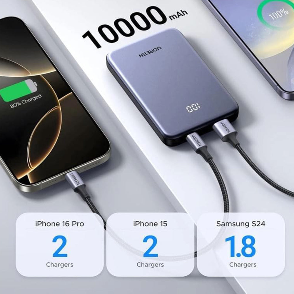UGREEN 75131B External Battery, 10000mAh, 22.5W, QC + PD, 1 x USB-A - 1 x USB-C, Gray