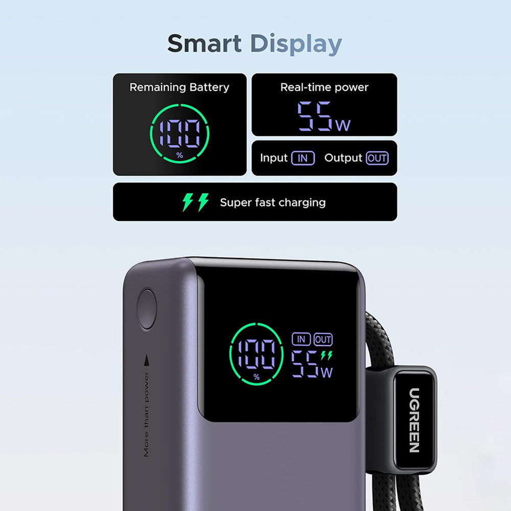 Externe Batterie UGREEN Nexode Pro PB727 (85301B), 10000mAh, 55W, QC + PD, 1 x USB-A - 2 x USB-C, Grau