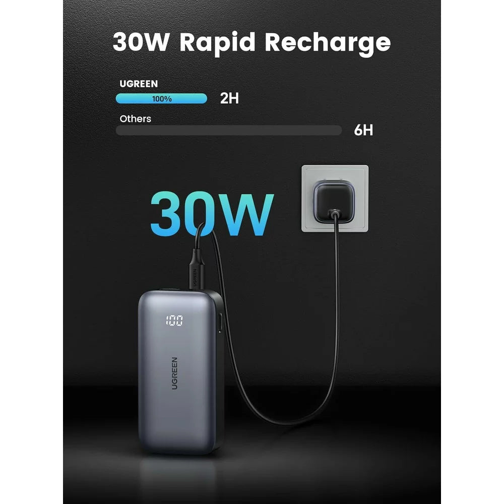 Batteria Esterna UGREEN PB502, 10000mAh, 30W, QC + PD, 1 x USB-A - 1 x USB-C, Grigio