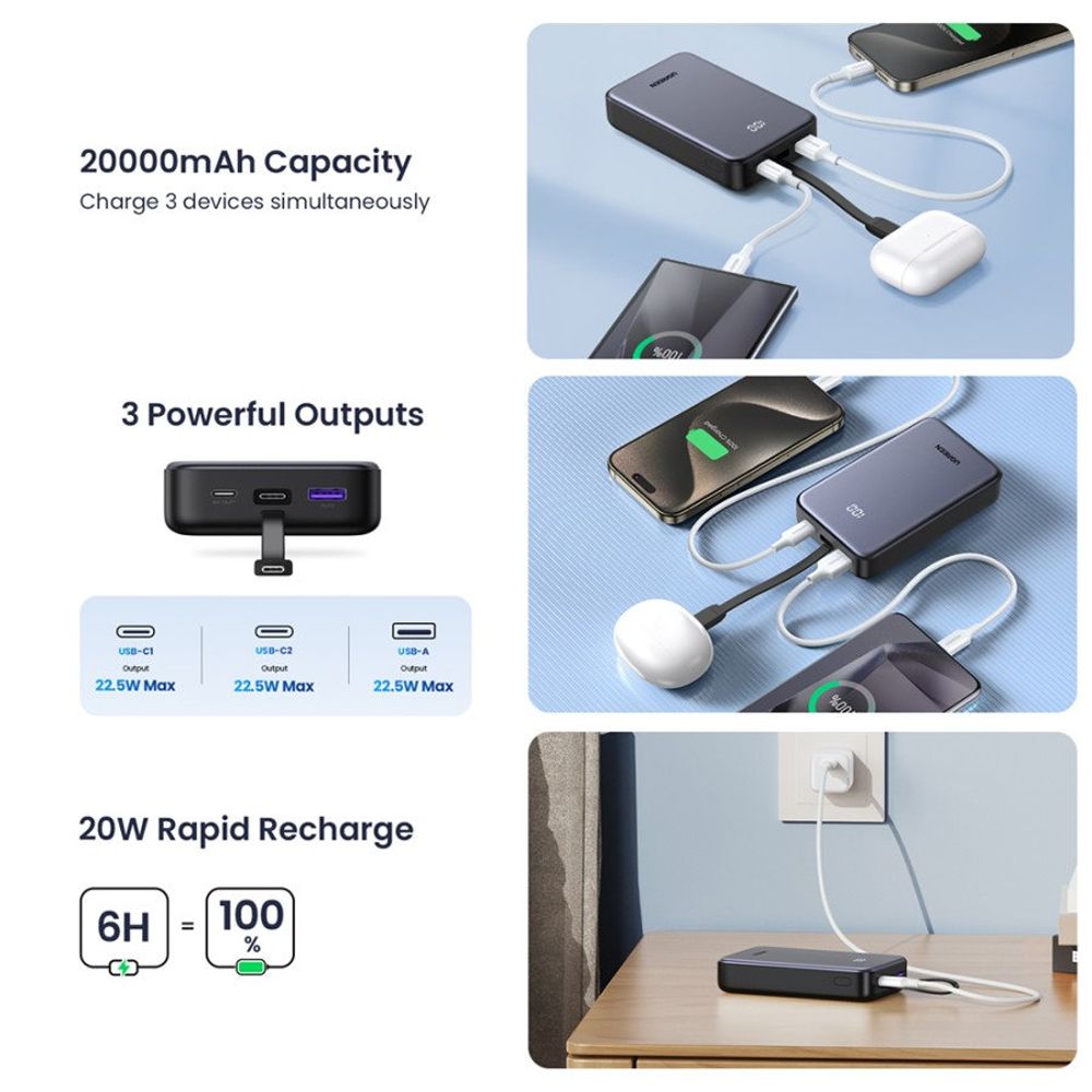 Batterie Externe UGREEN PB505, 20000mAh, 22.5W, QC + PD, 1 x USB-A - 2 x USB-C, Gris
