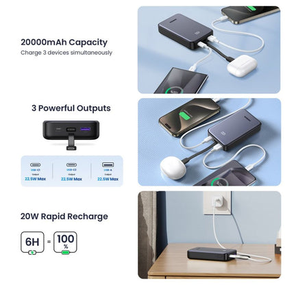 Batterie Externe UGREEN PB505, 20000mAh, 22.5W, QC + PD, 1 x USB-A - 2 x USB-C, Gris